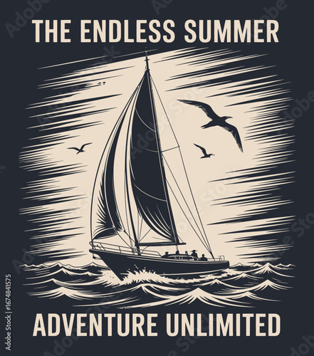 This beautiful artistic rendering showcases a charming sailboat gracefully riding ocean waves, encapsulating the spirit of summer freedom and adventure on the open sea.