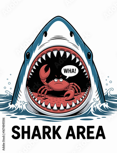 This playful illustration features a shark with an exaggerated open mouth, presenting a surprised crab sitting on a lifebuoy inside its jaws, creating a humorous twist.