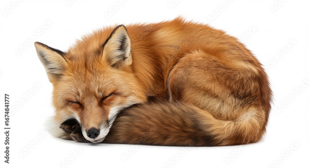 Fototapeta premium Red fox peacefully sleeps curled against bright white background. AI Generated