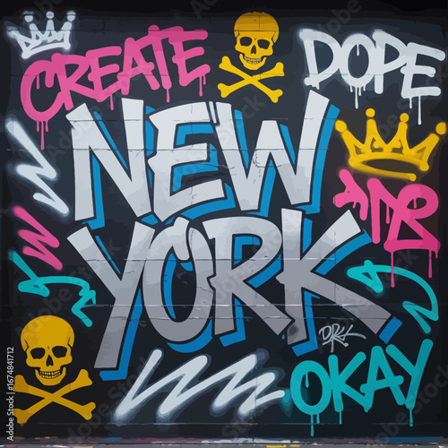 This edgy graffiti design incorporates New York vibes with a bold color palette and striking motifs, capturing the essence of urban culture and artistic expression.