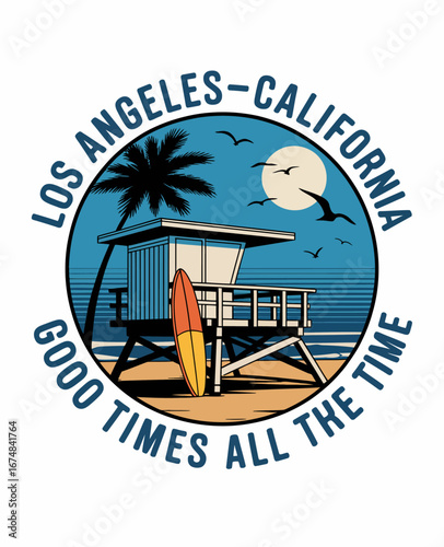 A tranquil moonlit beach scene features a lifeguard stand with a surfboard, capturing the serene beauty of California's coastline and the joy of surfing at night.