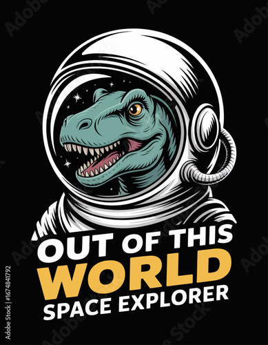 This quirky design features a dinosaur in an astronaut suit, blending humor with the concept of space exploration and creativity in a unique visual experience.