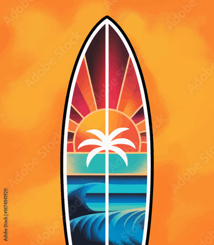 This eye-catching surfboard art captures a palm tree silhouette against a vibrant sunset and ocean waves, portraying the essence of beach culture and aquatic lifestyle.