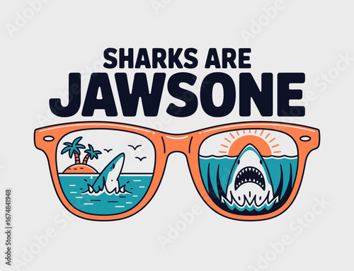 This vibrant illustration of sunglasses reflects an awesome shark scene and an idyllic island, evoking a playful spirit of ocean adventures and marine life.