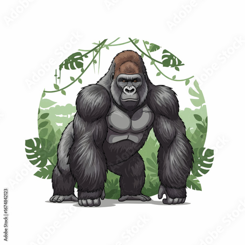 Vector Illustration of a Gorilla in Jungle Habitat