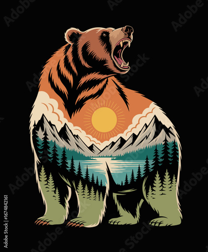 This visually striking bear illustration features its form shaped by a sunset and mountain landscape, capturing the essence of wild beauty and powerful nature in an artistic style.