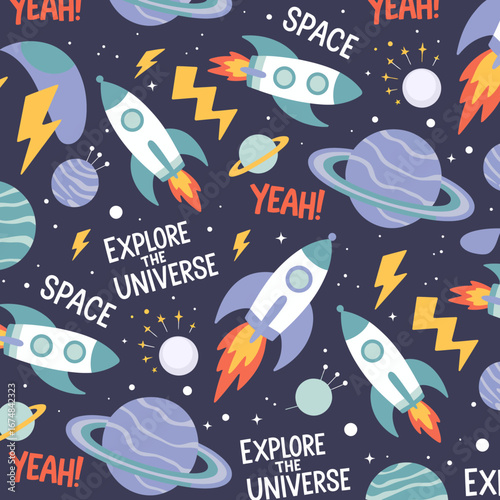 This lively and colorful pattern showcases fantastic rockets and celestial elements, meant to ignite curiosity and excitement about space exploration for children.