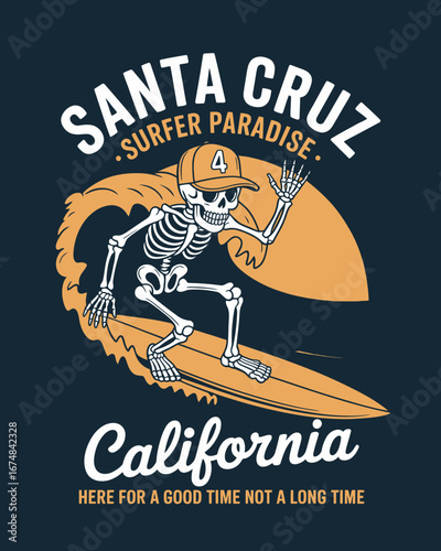 Whimsical skeleton surfer design representing the laid-back charm of Santa Cruz; ideal for surf culture enthusiasts, capturing the essence of fun summer days by the beach.