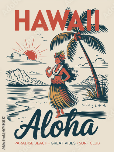A beautifully stylized depiction of a hula dancer on a beach during sunset, with palm trees and waves, embodying the relaxing vibe of a Hawaiian getaway.