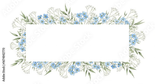 Watercolor floral frame with delicate blue flowers, baby's breath, and greenery. Elegant botanical border for a wedding invitation or greeting card.

