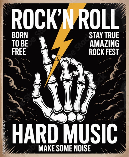 A creatively designed concert poster featuring a skeleton hand with a lightning bolt representing the essence of rock and roll music culture for event promotion.