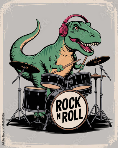 A cheerful cartoon T-Rex drummer wearing headphones, playing energetically, blending the whimsy of dinosaurs with the vibrant spirit of rock music in a fun and colorful design.