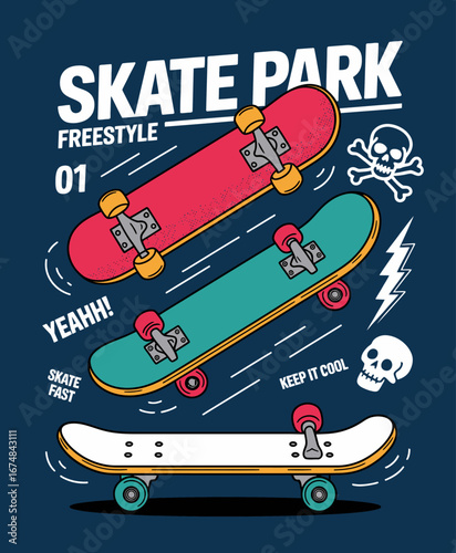 The image features colorful skateboards in mid-motion, perfectly capturing the excitement and dynamic energy inherent in skateboarding culture, set within an urban skate park environment.