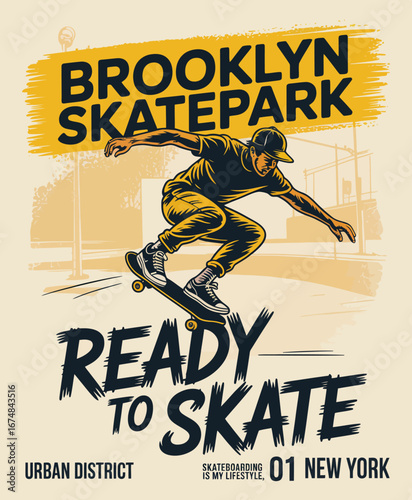 The image shows a skateboarder enjoying the experience of skating in Brooklyn's skatepark, epitomizing the thrill and joy of urban skateboarding culture.