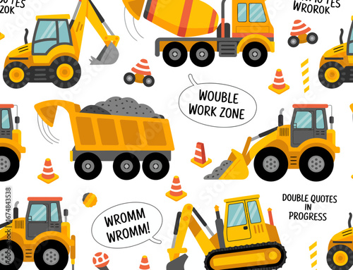 A fun and playful design concept featuring various construction vehicles, showcasing loaders and trucks in a lively pattern indicating work in progress.
