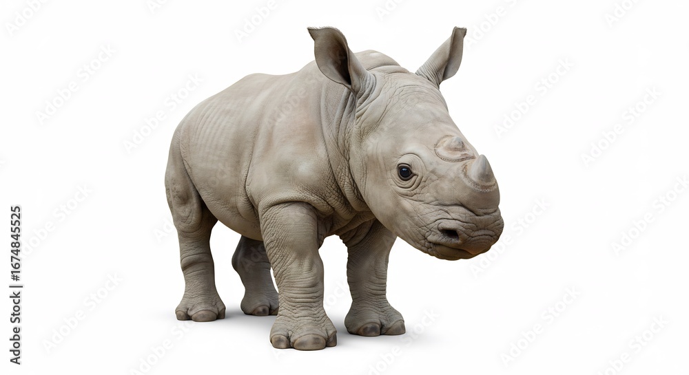Fototapeta premium Adorable baby rhino stands gently against bright white background. AI Generated