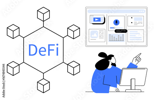 Blockchain network labeled DeFi connected by nodes and polygons. Woman at desk analyzing data on computer screen. Ideal for blockchain, fintech, finance, data analysis, technology, cryptocurrency