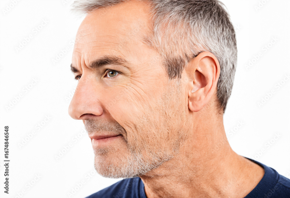 Obraz premium a thoughtful profile portrait of a mature man with grey hair, looking into the distance with a serious and contemplative expression.