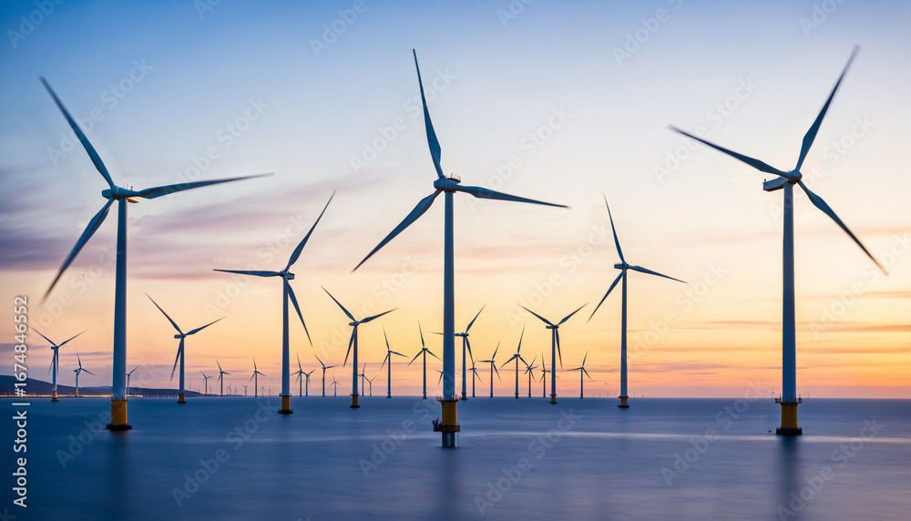Fototapeta premium an expansive offshore wind farm with numerous turbines in the ocean under a pastel colored sky at dusk.