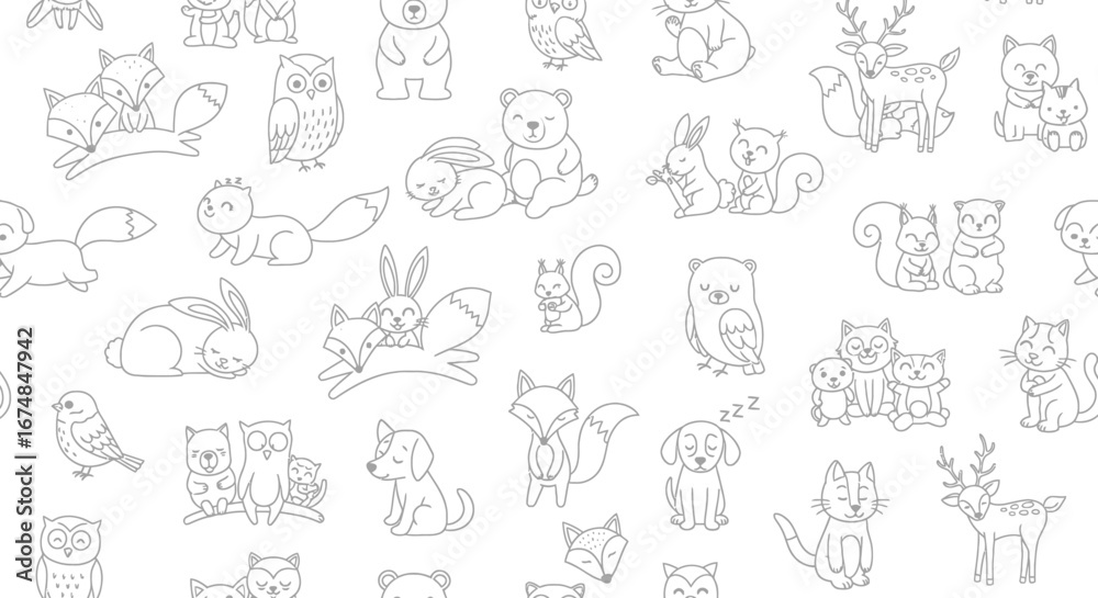 Fototapeta premium Playful Seamless Pattern Featuring Cute Doodle Animals on a Clean White Background for Various Design Projects