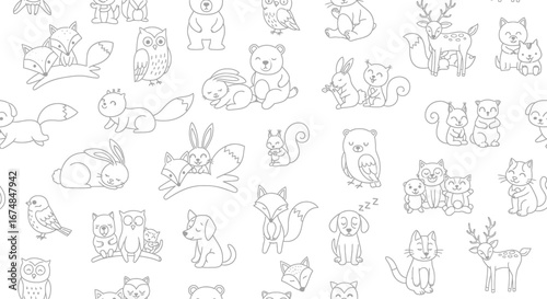 Playful Seamless Pattern Featuring Cute Doodle Animals on a Clean White Background for Various Design Projects