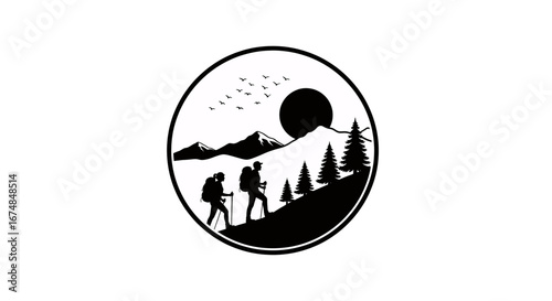Silhouette of two hikers with backpacks climbing a mountain trail in a circular black and white design.