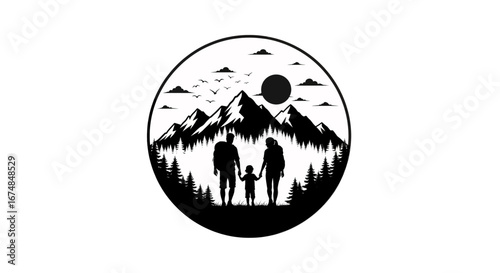 A silhouette of a family holding hands in a forest, gazing at a mountain range with a sun and birds overhead.