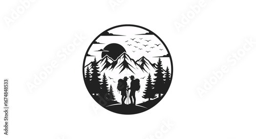 Silhouette of a hiking couple with backpacks in a circular mountain landscape with a forest, sun, and birds.