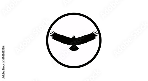 A minimalist black silhouette of a bird of prey with wings spread, enclosed within a simple black circle on a white background.