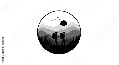 Two hikers with backpacks stand in a pine forest overlooking a layered mountain range at sunrise in a circular black and white illustration.