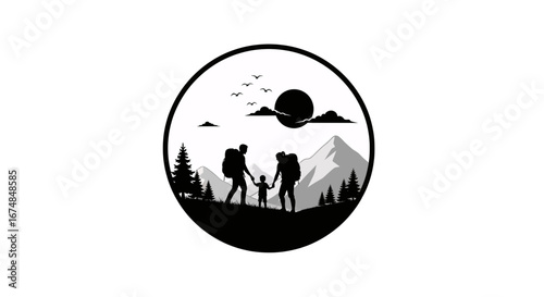 Silhouette of a family with a child hiking together in a mountain landscape, framed in a circle.
