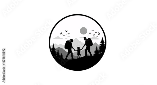 A black and white silhouette of a family with backpacks hiking together in a mountain landscape.