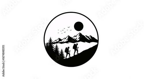 Silhouette of two backpackers hiking in a mountain landscape with trees and a sun, framed in a circle.