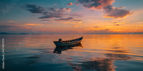 Lonely fishing boat drifting on calm sea during golden sunset, vibrant sky reflecting on gentle waves.