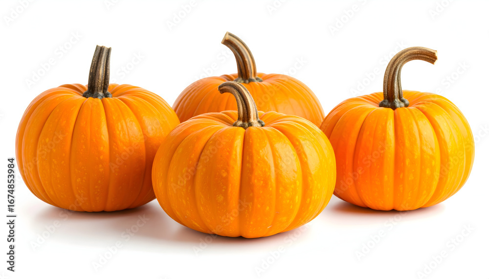Fototapeta premium Collection of Bright Orange Pumpkins with Water Droplets on a White Background