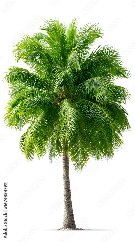 Fototapeta premium Tropical coconut palm tree with lush green fronds and a tall textured trunk, isolated on white background.