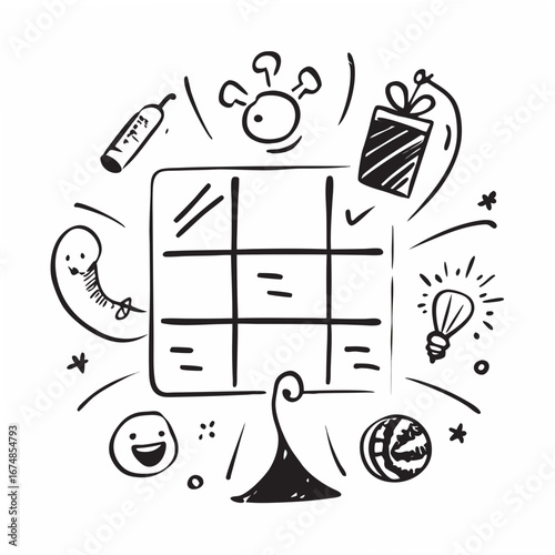 Black and white doodle icons surrounding a tic tac toe grid game lightbulb