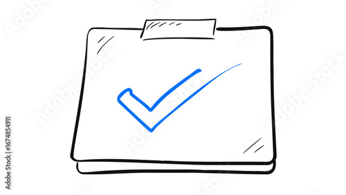 Blue check mark on clipboard doodle sketch