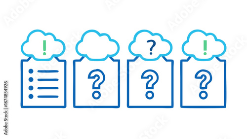 Blue cloud icons with question marks and exclamation points symbol