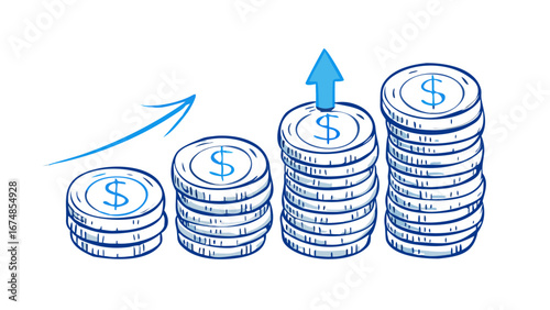 Blue coins stacks with upward arrow money finance