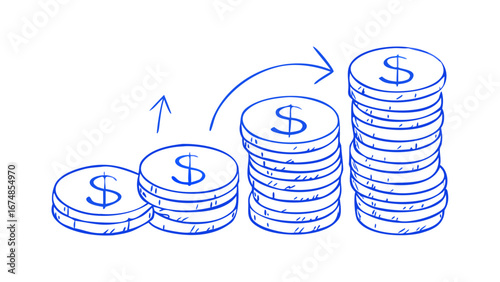 Blue dollar coins stacked in increasing height with upward arrow money finance