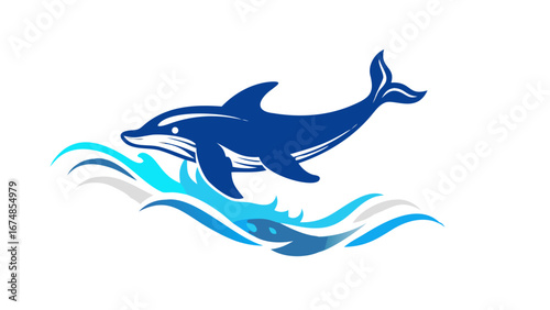 Blue dolphin leaping through stylized waves jumping ocean