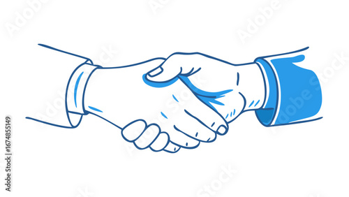Blue outline handshake on white background agreement business