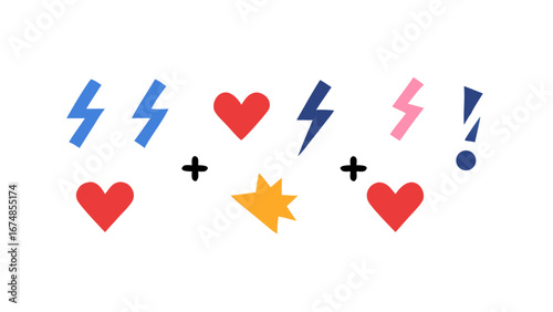 Blue pink red yellow lightning bolts and hearts vector