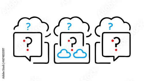 Blue question marks and red dots with clouds blue outline graphic