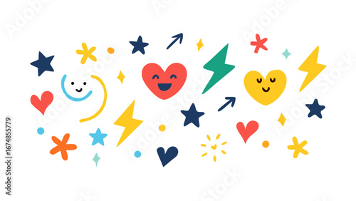 Cheerful hearts stars lightning and arrows smiley face