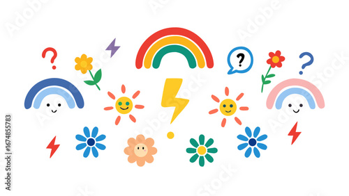 Cheerful rainbows lightning bolts and smiling suns flower question mark