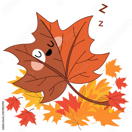 Cute sleeping autumn leaf on a pile of leaves illustration mockup for fall season graphics