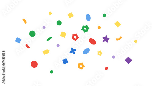 Colorful abstract shapes scattered across a white background geometric
