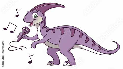Joyful purple Parasaurolophus cartoon character sings a happy song into a microphone, embodying the spirit of musical performance and prehistoric fun